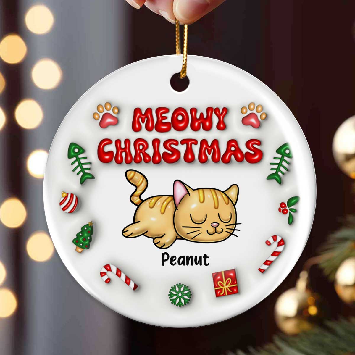 3D Inflated Meowy Christmas Sleeping Cats Personalized Ceramic Ornament, Christmas Gift For Cat Lovers