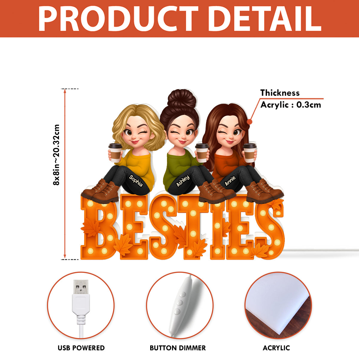 Fall Season Besties Sitting Marquee Pattern Texture Letters Personalized LED Light Box