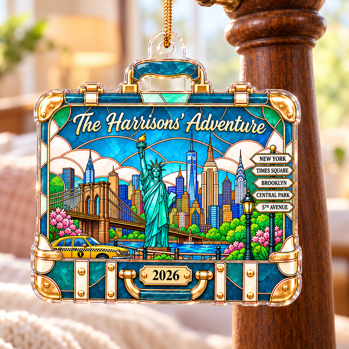 Custom Travel Adventure Suitcase Colorful Faceted Illustration 2D Flat Printed - Personalized Acrylic Ornament - Traveling Destination Keepsake, Christmas Gift For Traveling Lovers
