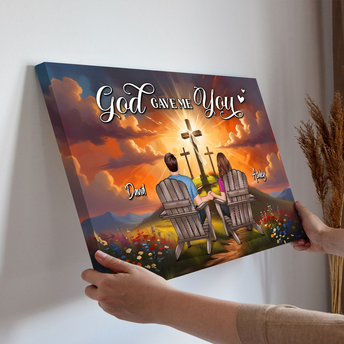 Cross On Mountain God Gave Me You Couple Sitting Personalized Canvas, Anniversary Gift For Him, Her