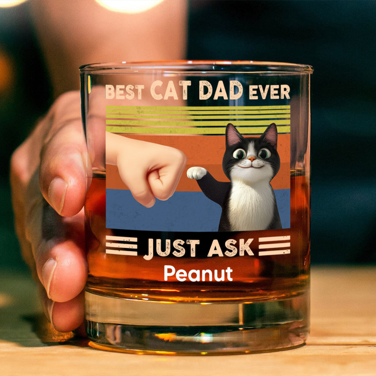 Best Cat Dad Cute Cartoon Cats Personalized Whiskey Glass, Father's Day Gift for Cat Dads