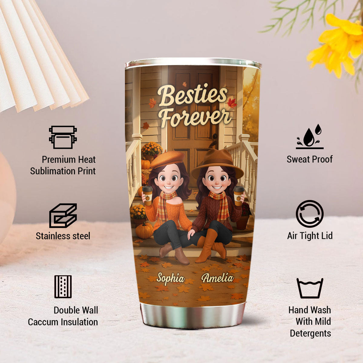 Fall Vibe Besties Sitting On Cozy Theme Front Porch Personalized Tumbler