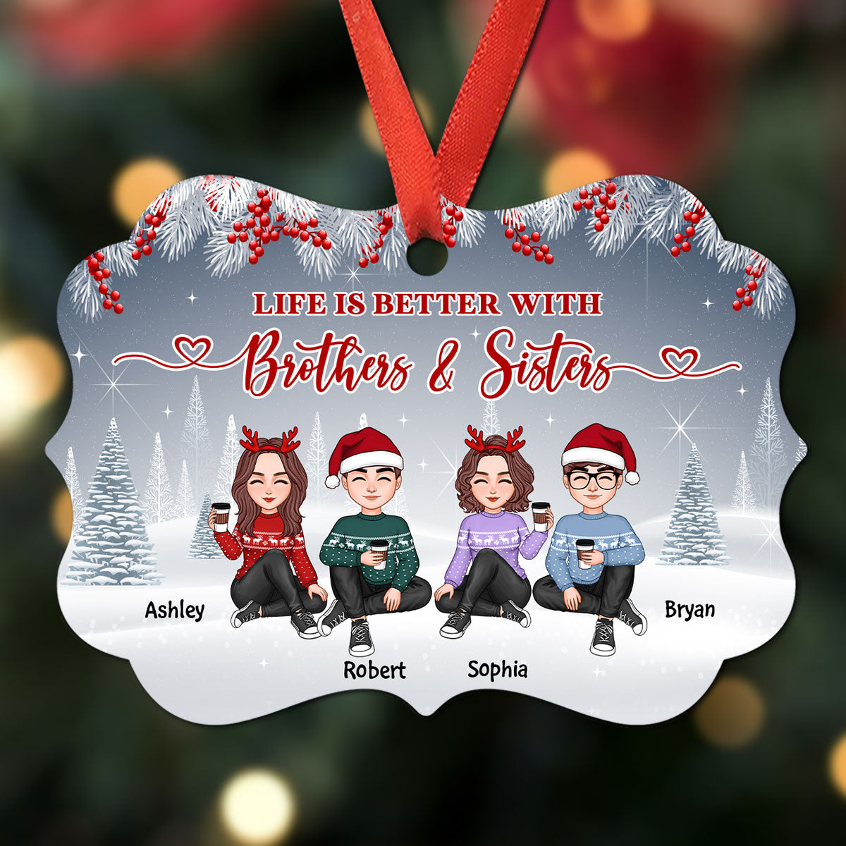 Doll Sitting Brothers Sisters Siblings Besties Sitting In Winter Background Personalized Christmas Ornament