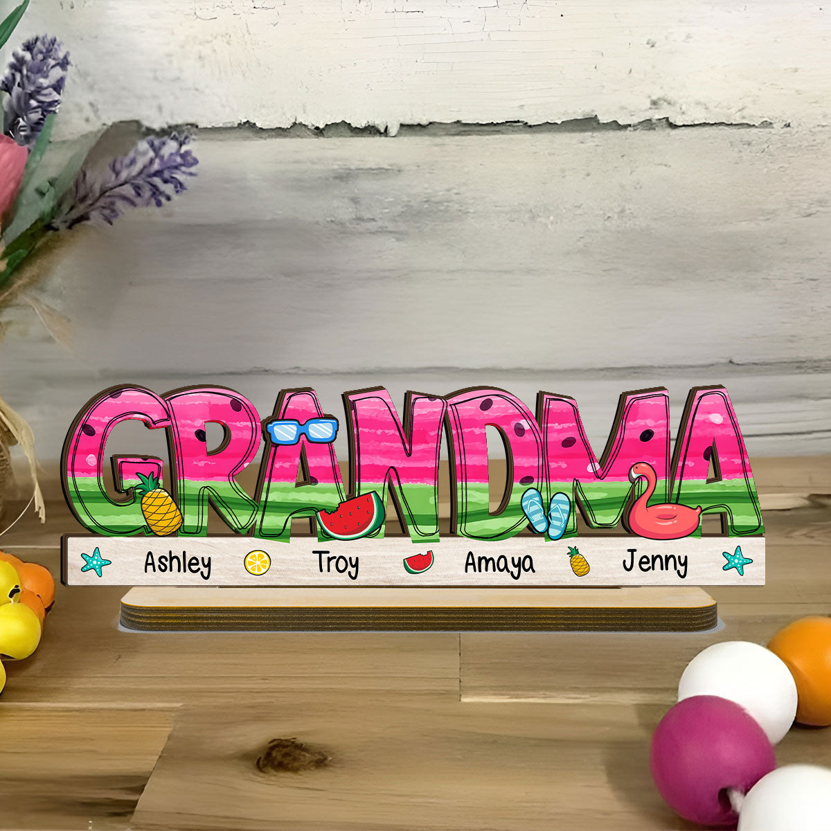 Summer Grandma Mom Watermelon Pattern Personalized 2-Layer Standing Wooden Plaque