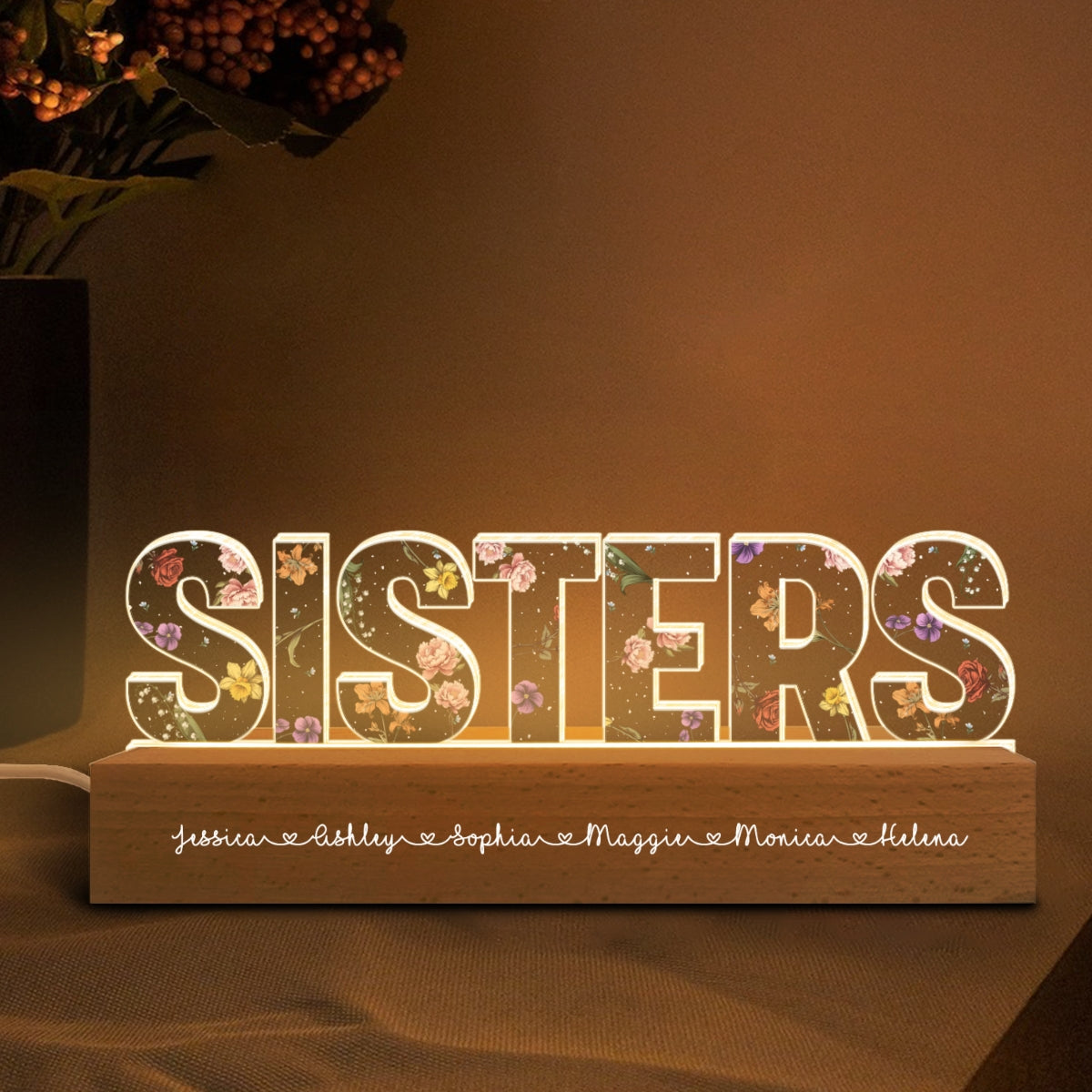 Sisters Birth Month Flower Personalized Acrylic LED Night Light, Birthday Christmas Gift For Sisters