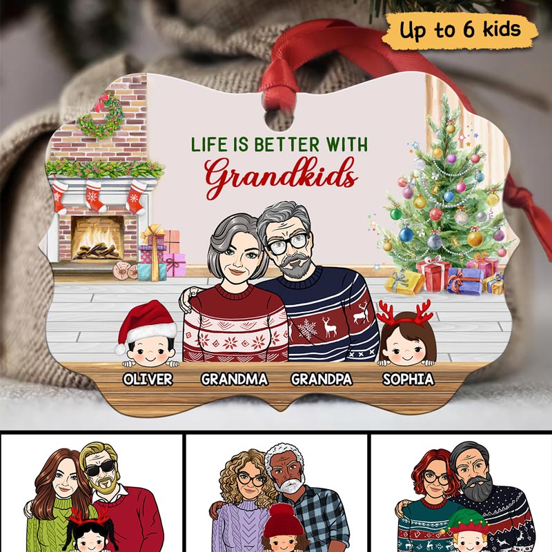 Front View Grandma Grandpa Grandparents With Grandkids Personalized Christmas Ornament