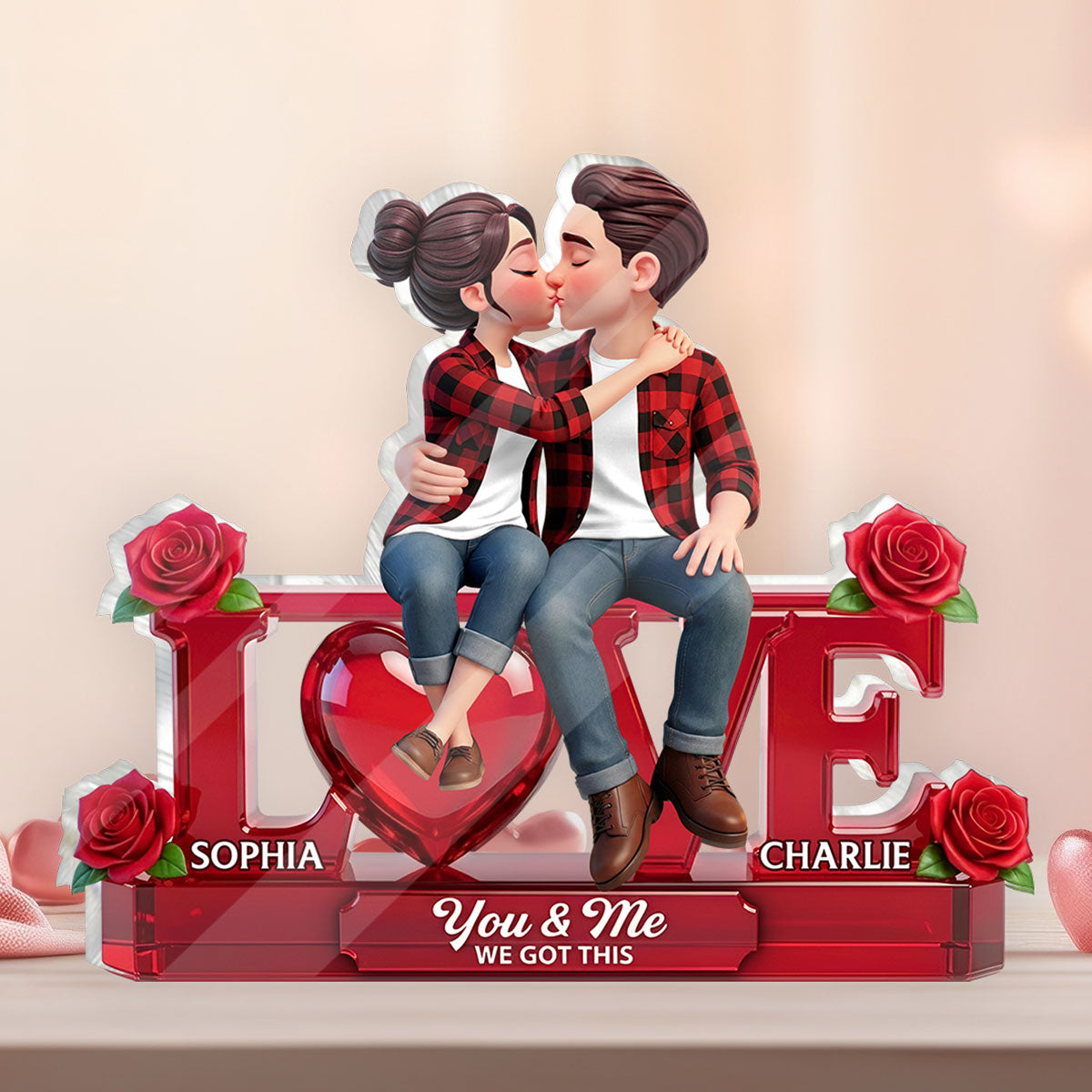 Roses LOVE Couple Sitting Kissing - Personalized Acrylic Block Plaque - Valentine's Day Gift For Couple, For Him, For Her