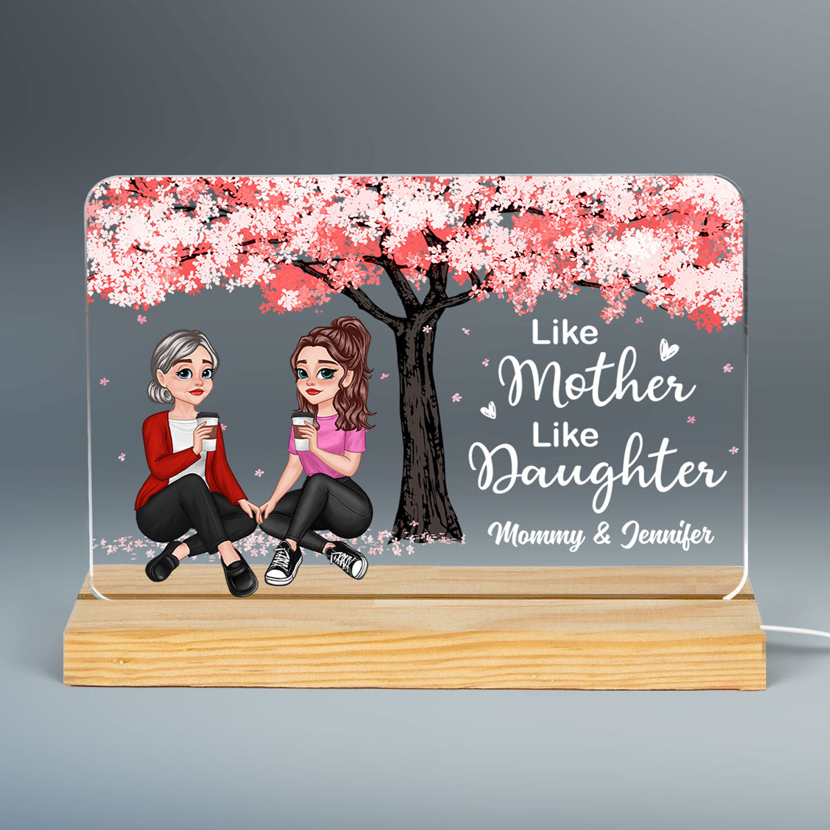 Pretty Cartoon Mother Daughter Sitting Under Blossom Tree Like Mother Like Daughter Personalized Horizontal Rectangle Acrylic Plaque With LED Night Light