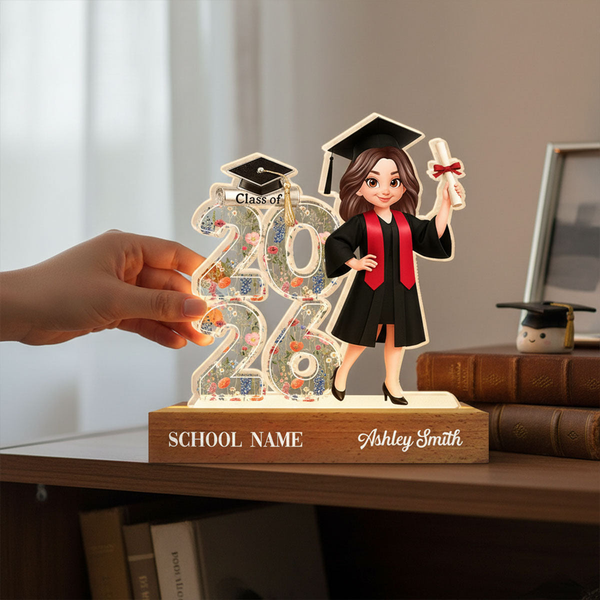 Class Of 2026 2027 Senior Floral - Personalized Acrylic Block LED Night Light - Graduation Gift For Graduates, Daughter