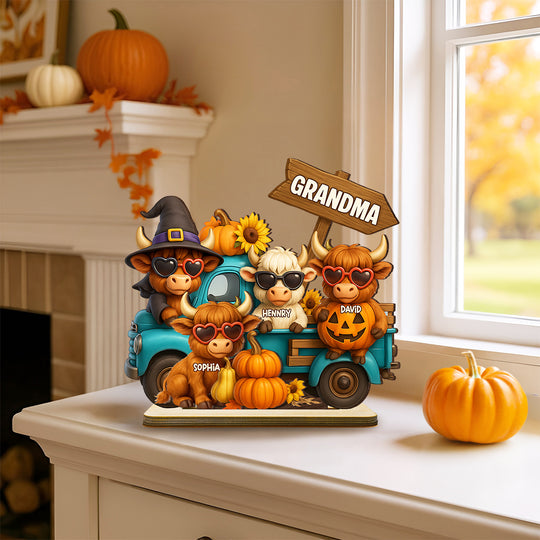 Mom Grandma Highland Cow on Truck Personalized Standing Wooden Plaque, Cozy Fall Vibe Halloween Decor for Mom, Grandma