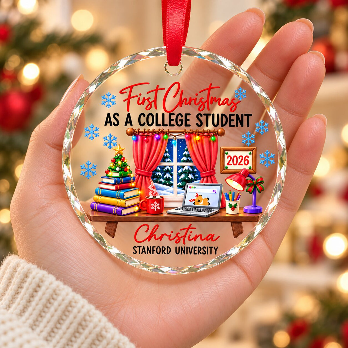 College Student With Desk Design - Personalized Glass Ornament - Christmas Gift For New Student, Boy, Girl