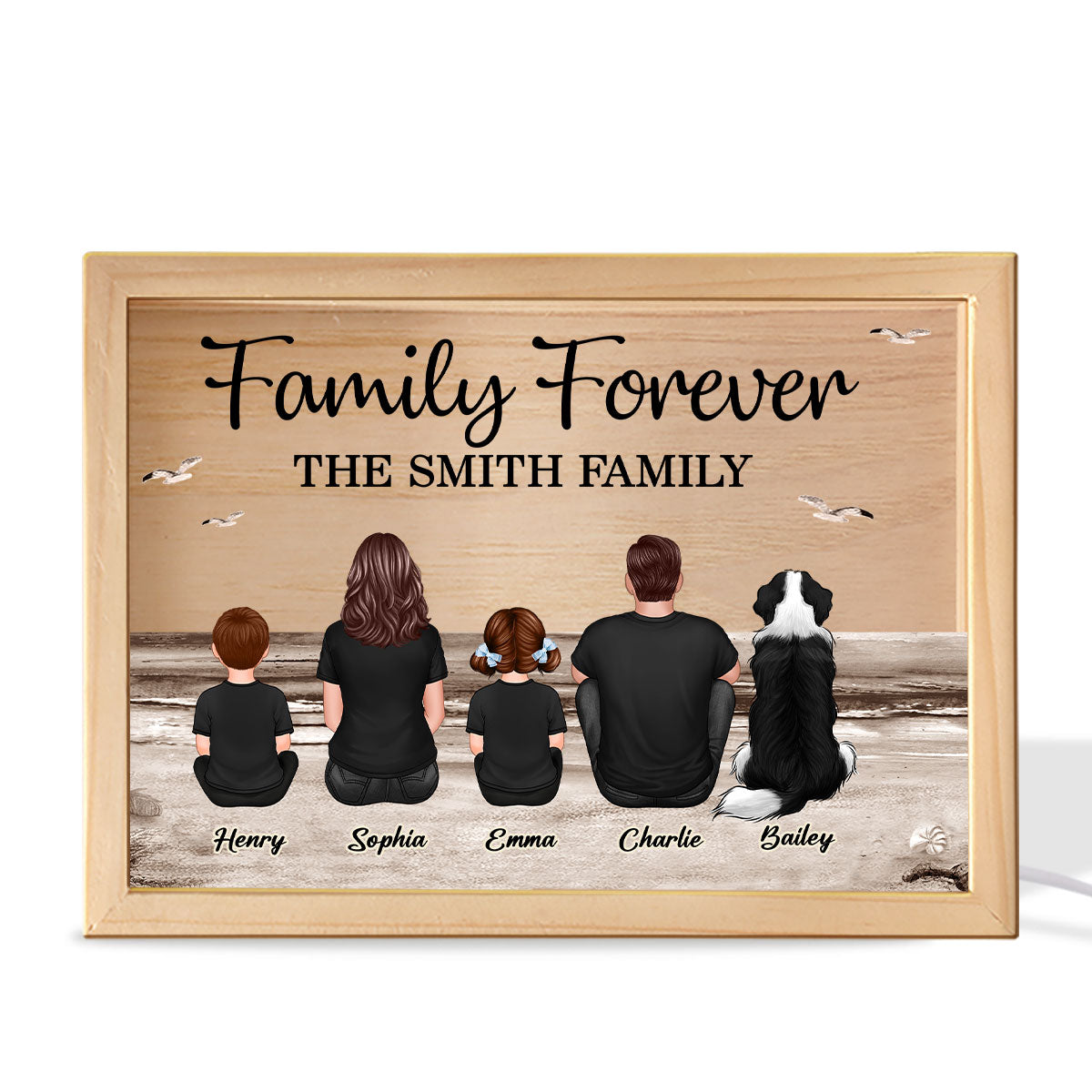 Retro Vintage Family Sitting Beach Landscape Personalized Wooden Frame Light Box