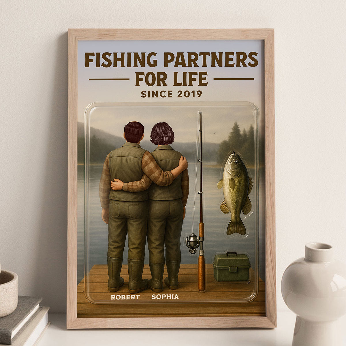 3D Effect Custom Figure Couple Fishing Partners For Life Personalized Poster