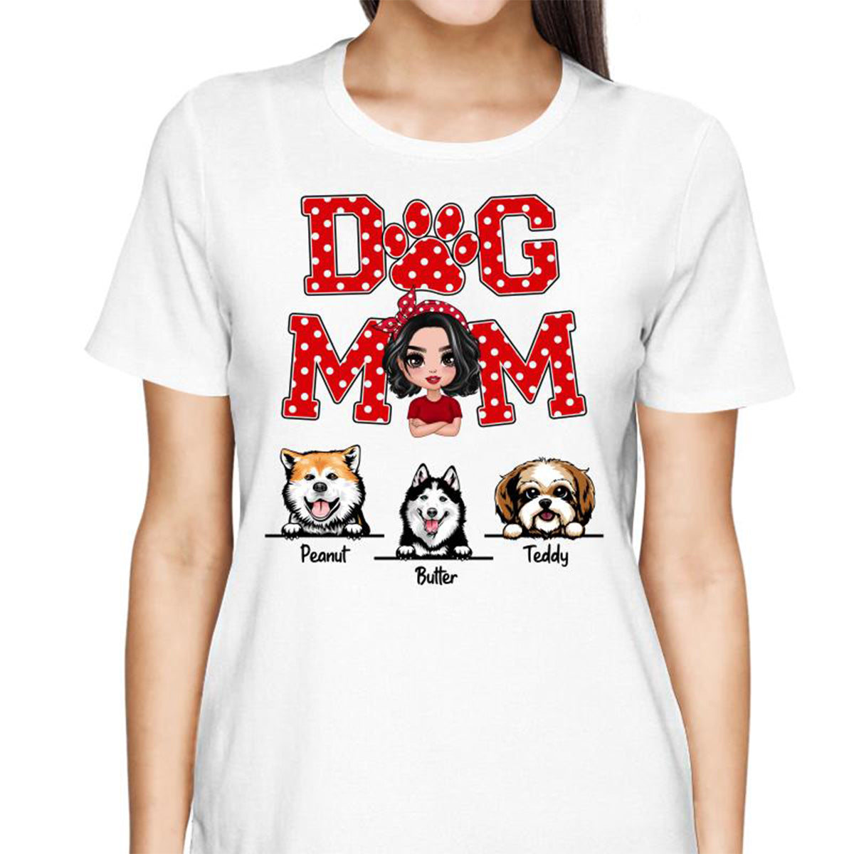 Dog Mom Doll Woman & Peeking Dog Polka Dot Personalized Shirt