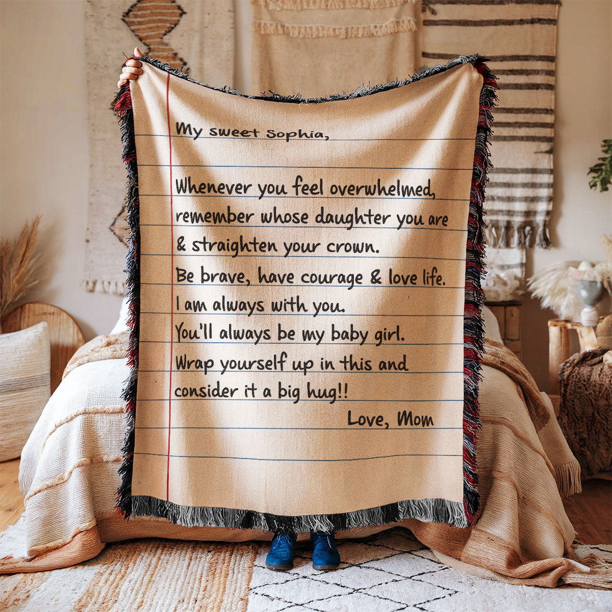 A Big Hug To My Daughter Letter Theme Personalized Tapestry Woven Blanket