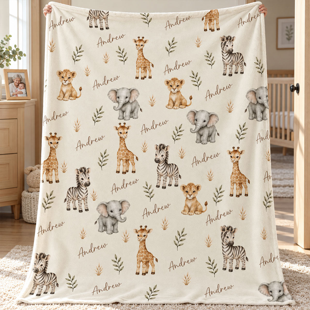 Safari Animal Print Custom Baby Name - Personalized Fleece Blanket - Nursery Jungle Animal Theme For Baby