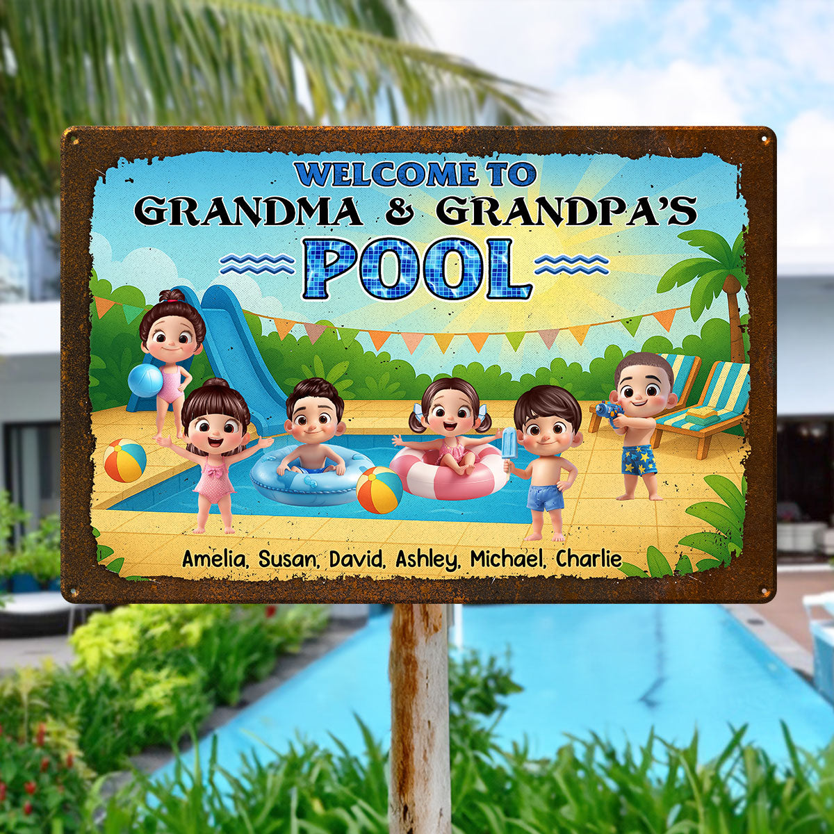 Welcome to Grandma & Grandpa's Pool Personalized Metal Sign, Grandchildren Welcome Sign