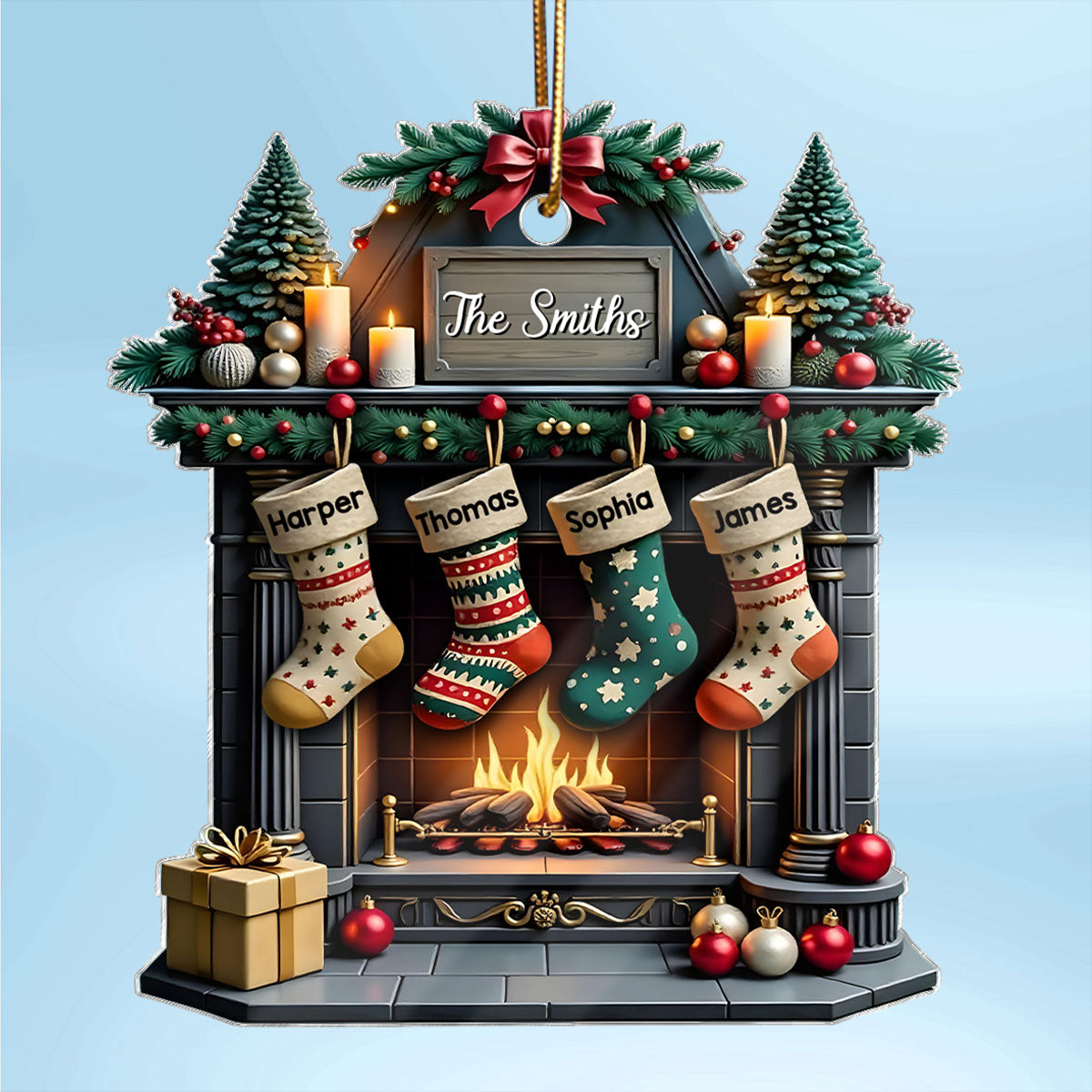 Vintage Retro Classic Fireplace Family Names Personalized Acrylic Ornament