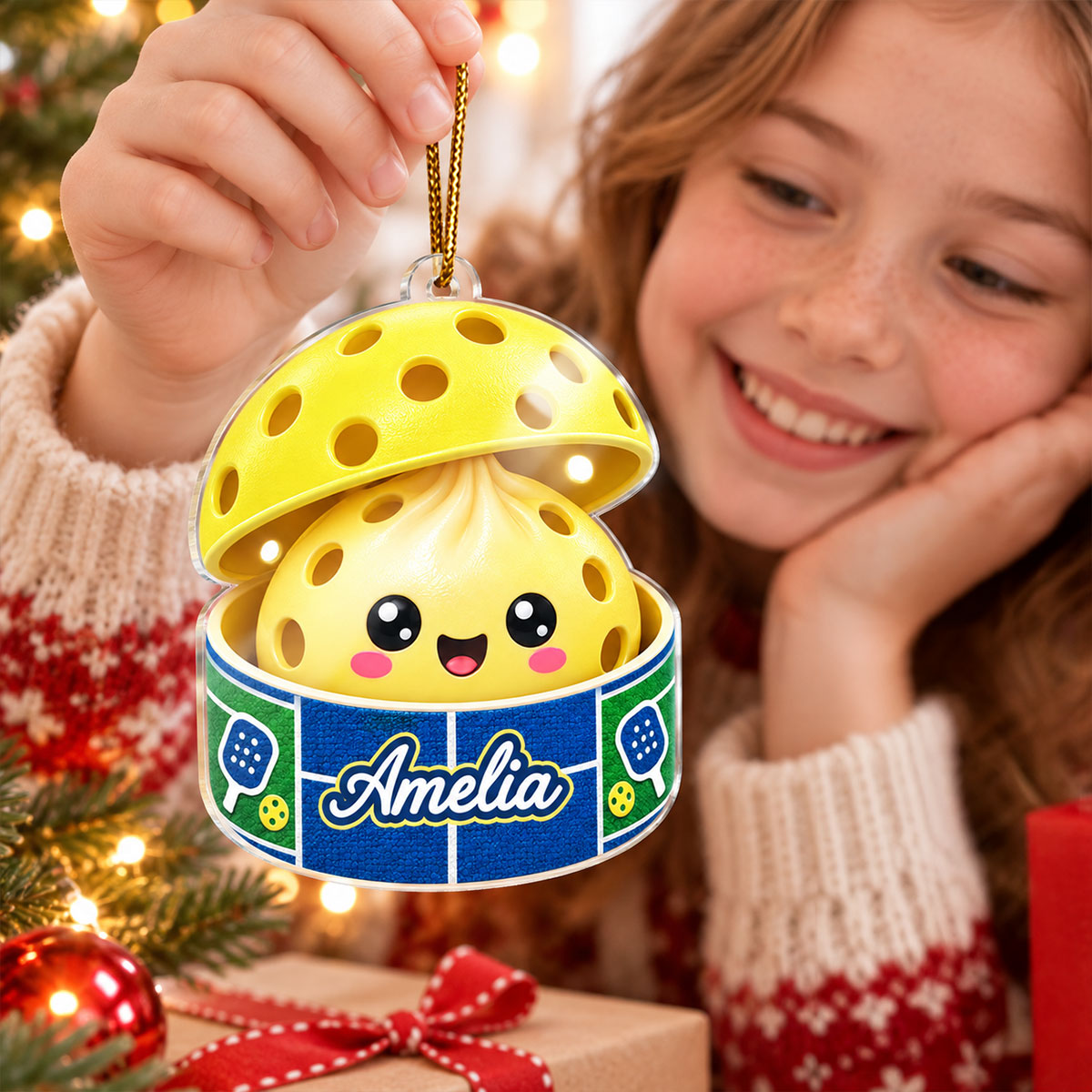 Custom Pickleball Dumpling Squishy Style - Personalized Acrylic Ornament - Christmas Gift for Son, Daughter, Grandkids