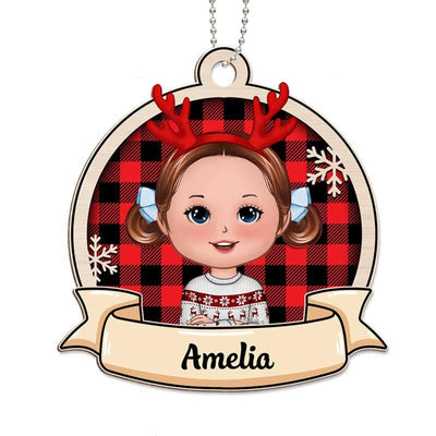 Checkered Pattern Doll Kids Personalized Wooden Ornament