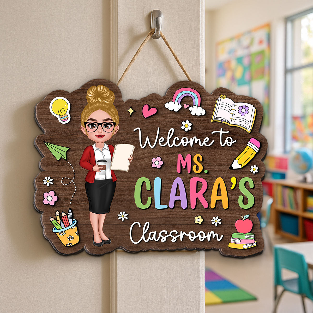Teacher Colorful Personalized Wood Sign, Back To School Gift