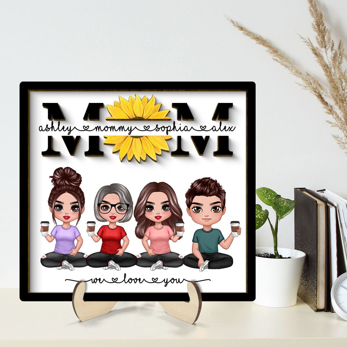 We Love You Mom Sunflower Doll Sitting Personalized 2-Layer Wooden Plaque