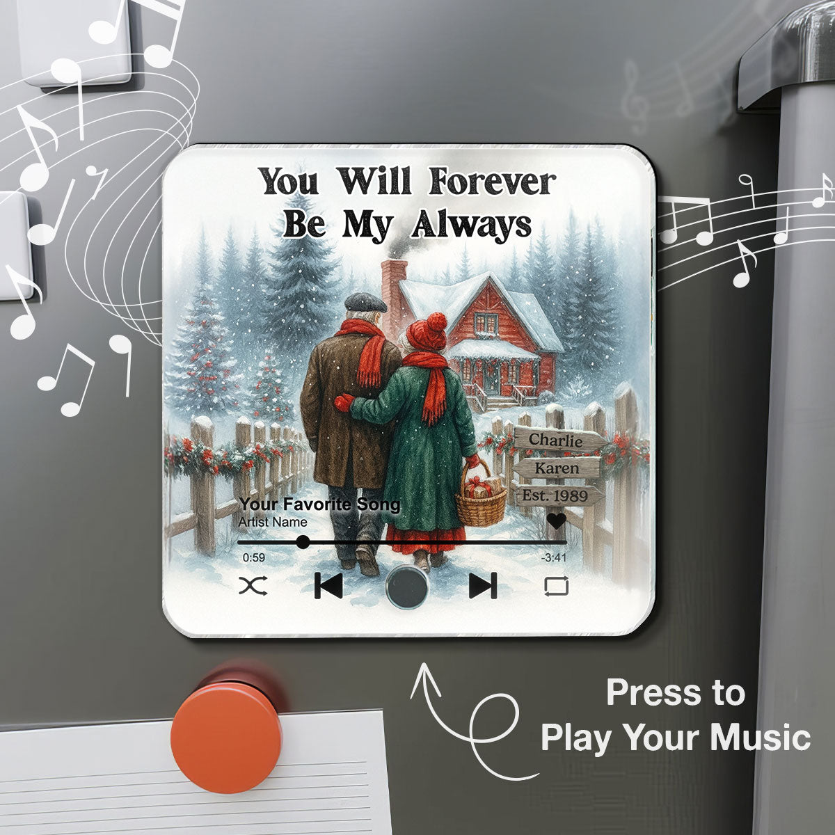 Winter Eternal Love Couple Growing Old Together Personalized Music Fridge Magnet, Heartfelt 2025 Gift, Anniversary Christmas Gift For Couple