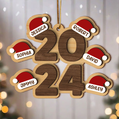 Family Stacked 2024 Santa Hats Personalized 2-Layer Wooden Ornament, Christmas Gift