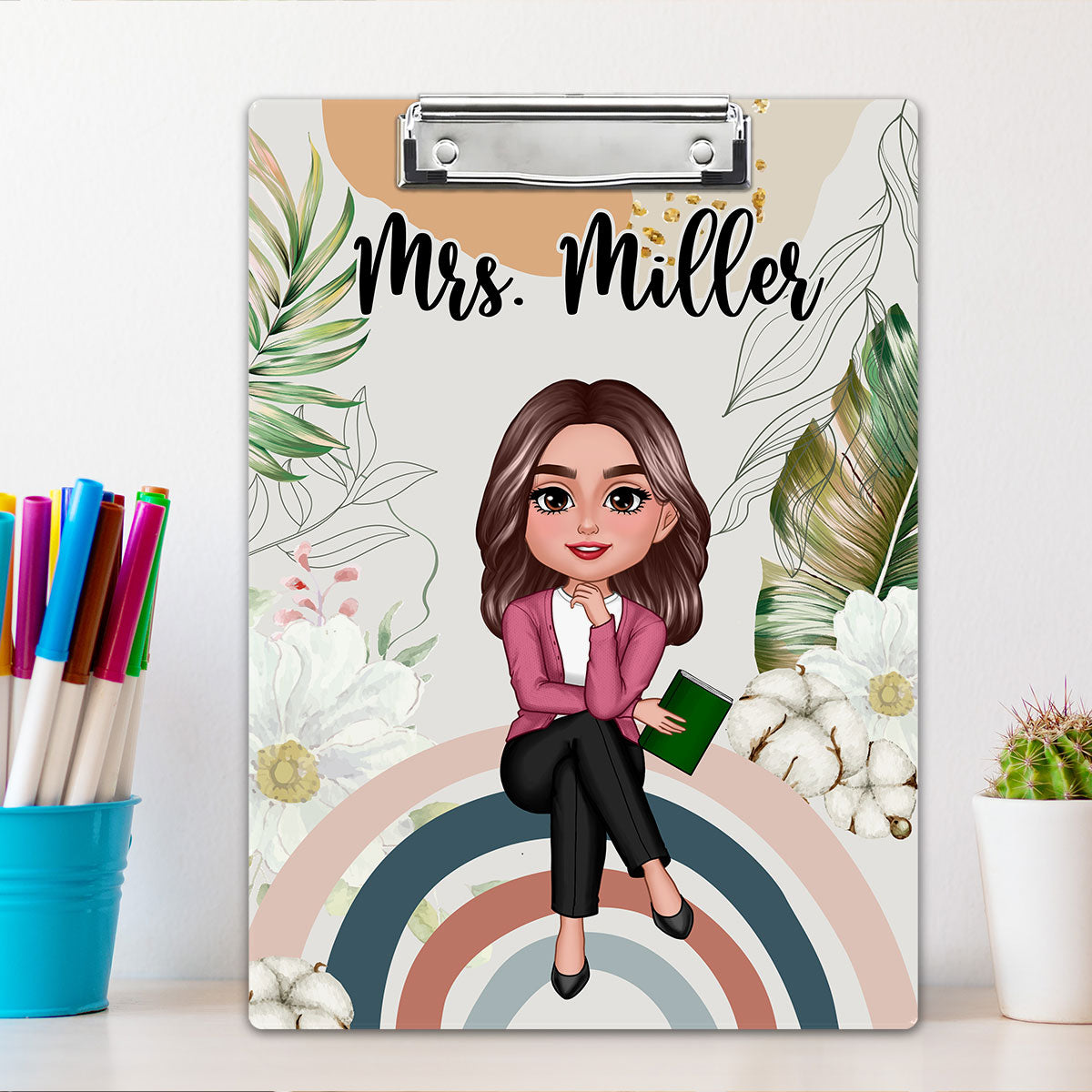 Teacher Sitting On Rainbow Personalized Clipboard, Gift For Teacher, Teacher Appreciation Gift, Back To School Gift