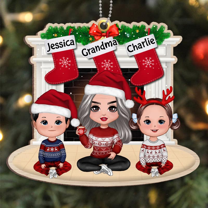 Grandma & Grandkids At Fireplace Personalized Wooden Ornament