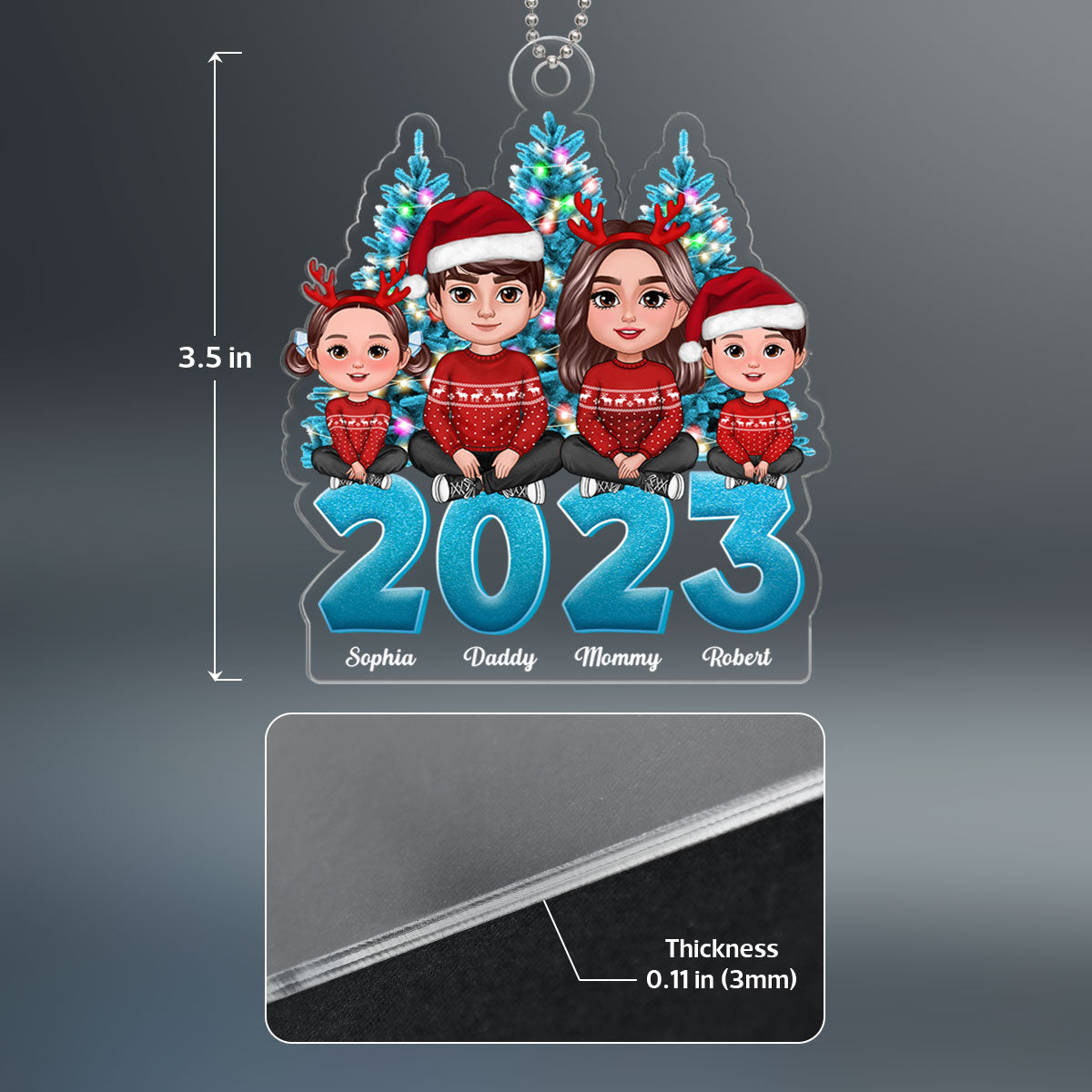 Family Crossed Legs Sitting Christmas Tree Blue Themed 2023 Dad Mom Kids Dogs Cats Personalized Acrylic Ornament