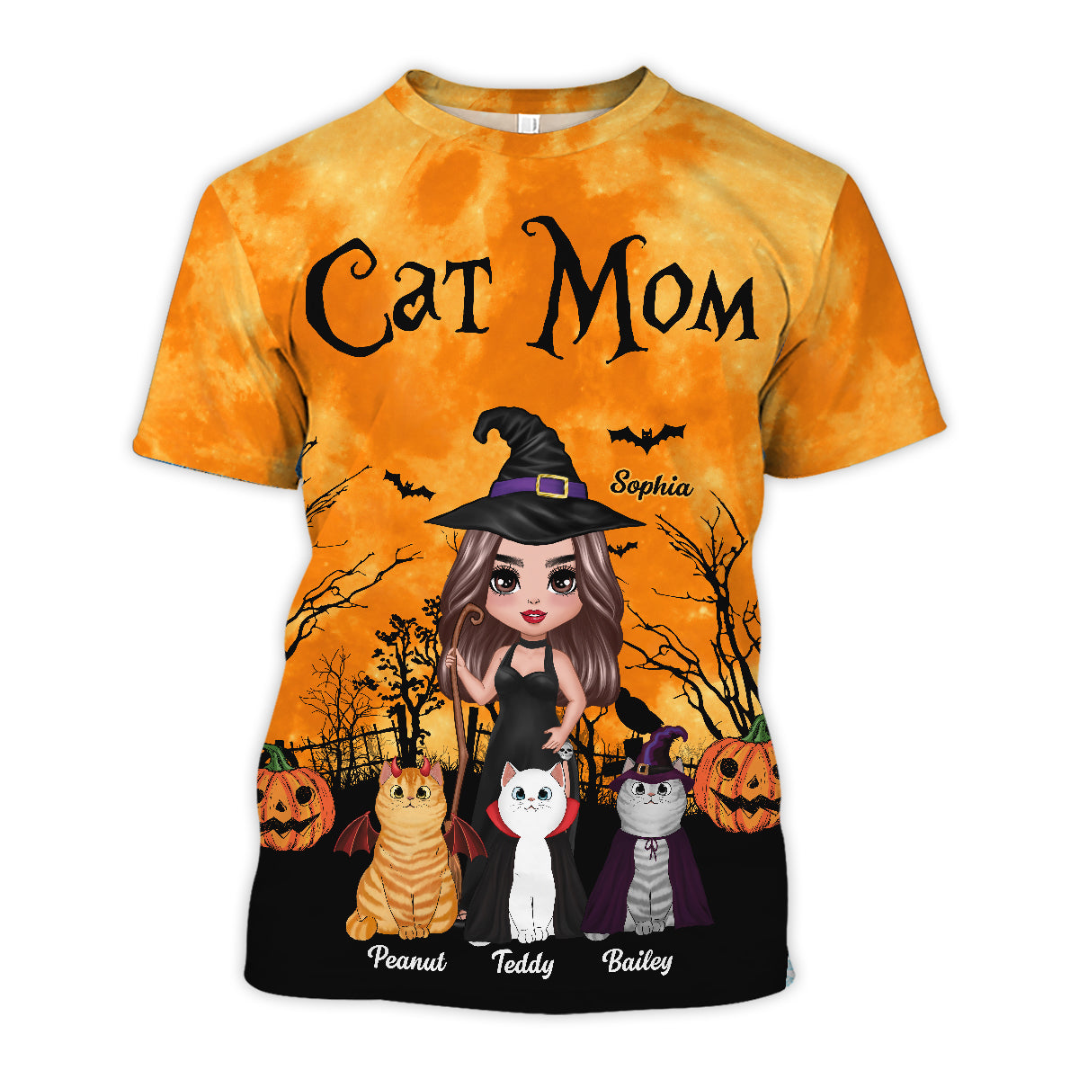 Witch Cat Mom Halloween Moon Light Bat Tree Personalized Shirt, Purrfect Costume for Cat Lover