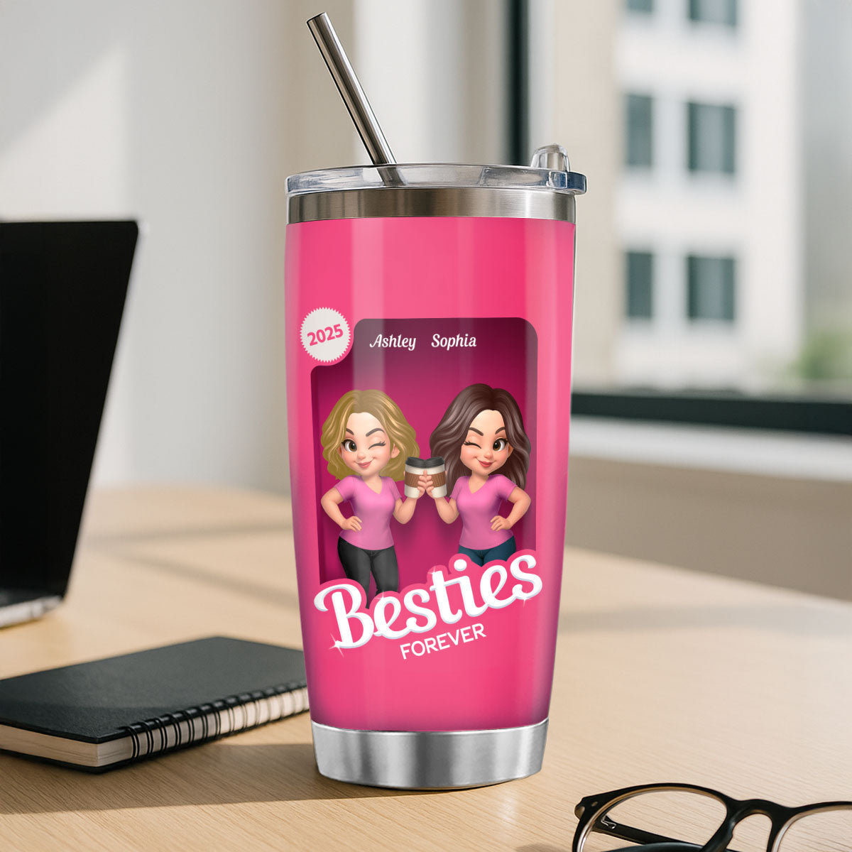 Besties Partner In Crime Pink 3D Effect Action Figure - Personalized Tumbler