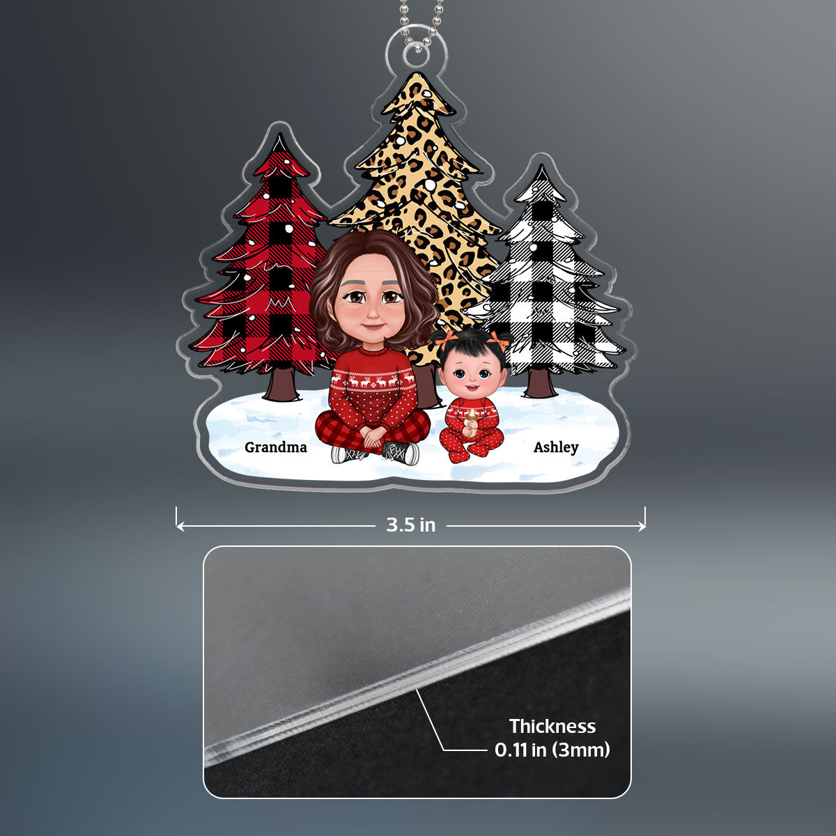 Leopard Checkered Pattern Christmas Tree Grandma Grandkids - Personalized Acrylic Ornament