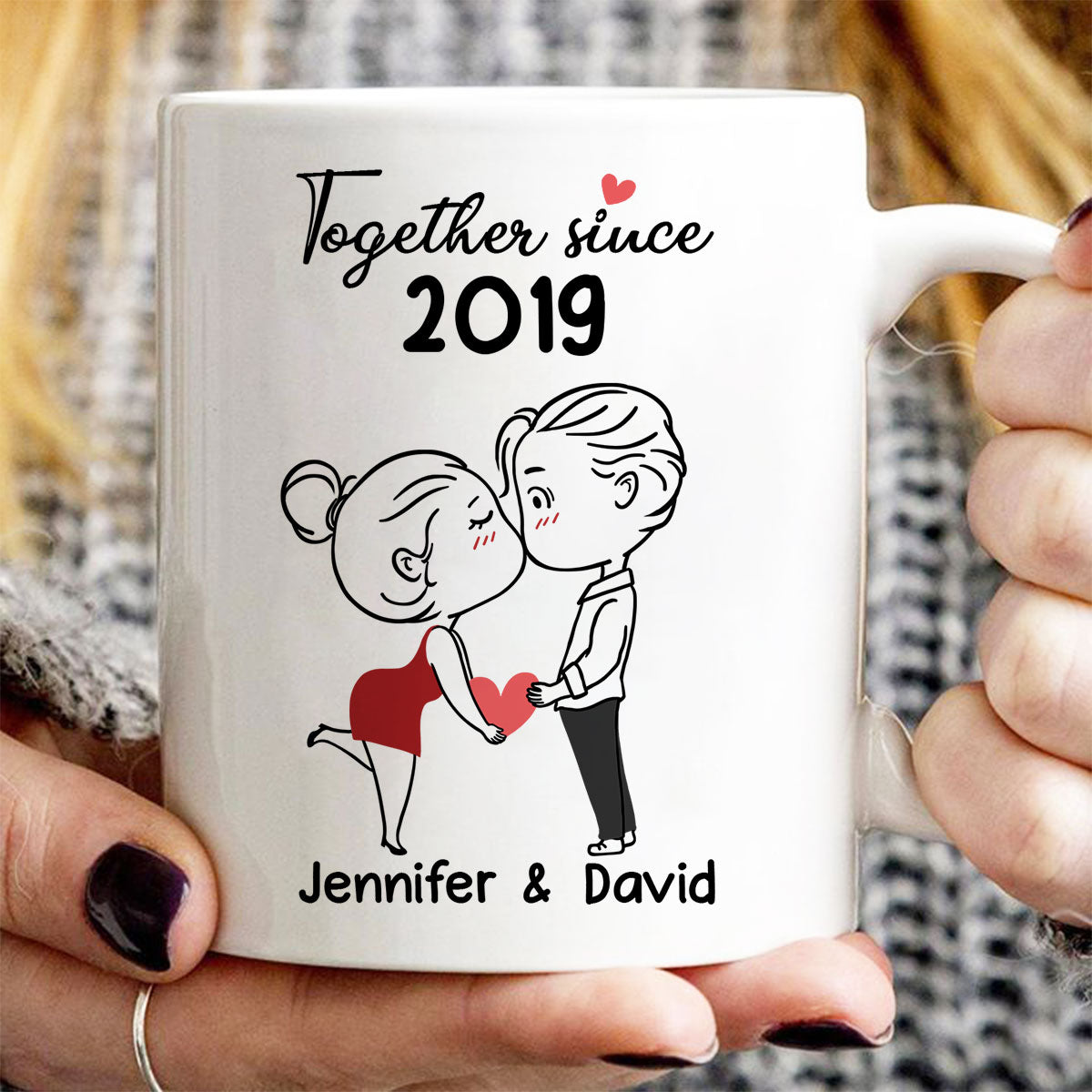 Chibi Couple Kissing Outline Personalized Mug - Gift For Him Gift For Her