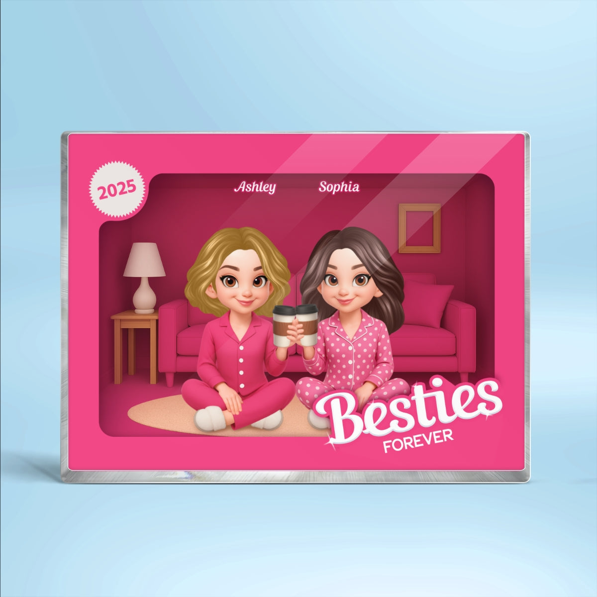 Pink Pajamas Besties In House Toy Box 3D Effect Personlized Acrylic Block