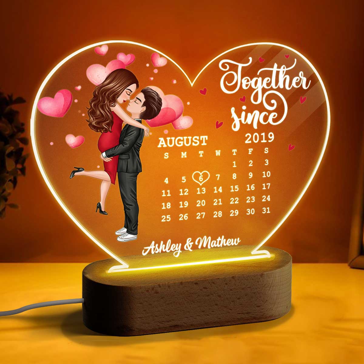 Watercolor Hearts Doll Couple Hugging Kissing Calendar Anniversary Date Personalized Acrylic Heart Plaque LED Night Light