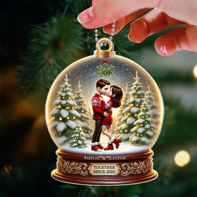 Pretty Couple Kissing Under Mistletoe 3D Realistic Snow Globe Personalized Acrylic Ornament, Unique Christmas Gift For Him, For Her, For The Couple, Anniversary Gift