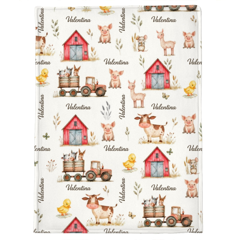 Farm Animal Print Custom Baby Name - Personalized Fleece Blanket - Nursery Farm Animal Theme For Baby Boy