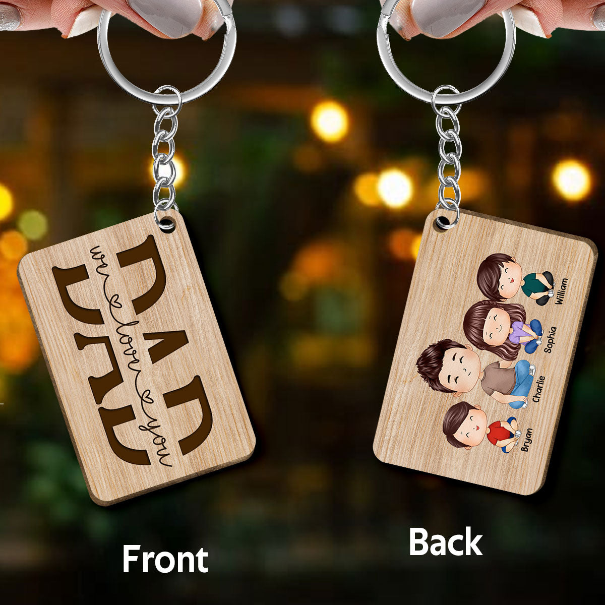 Best Dad Ever Doll Man & Kids Dogs Cats Watercolor Style Father‘s Day Gift Personalized Wooden Keychain