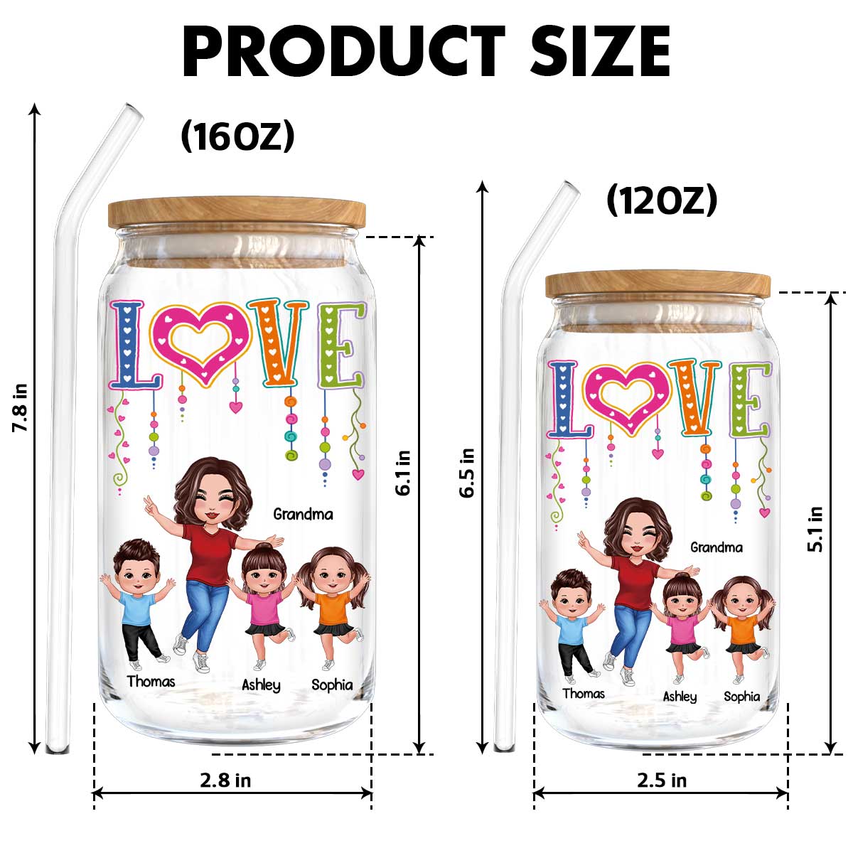 LOVE Happy Doll Grandma With Kids Personalized Clear Glass Can