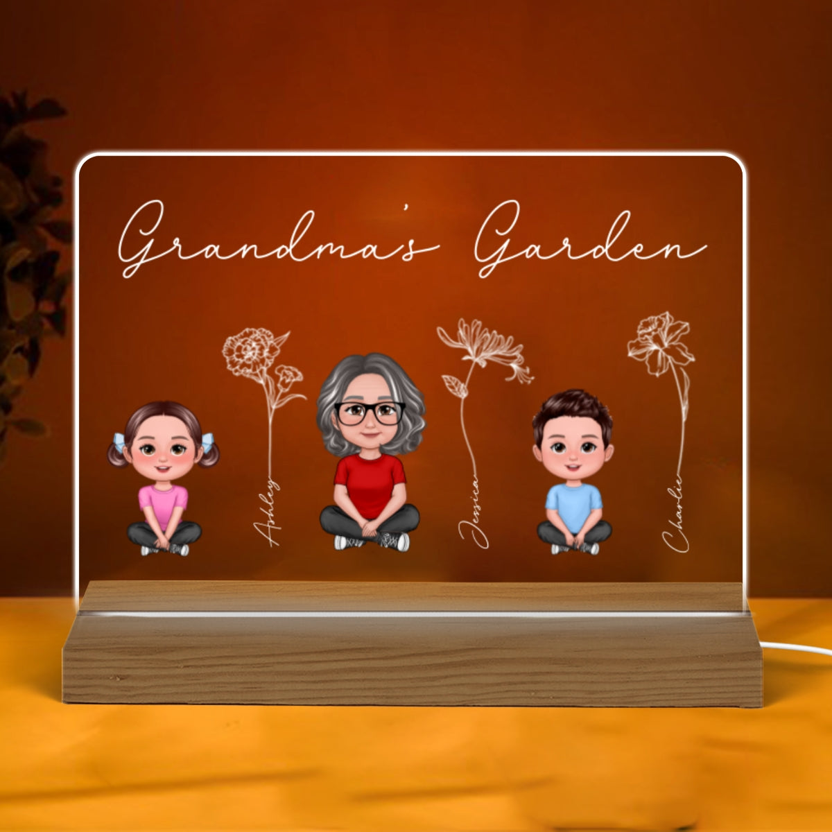 Grandma Grandkids Sitting Crossed Legs Outline Birth Month Flowers Mother‘s Day Gift Personalized Warm Acrylic Plaque LED Night Light