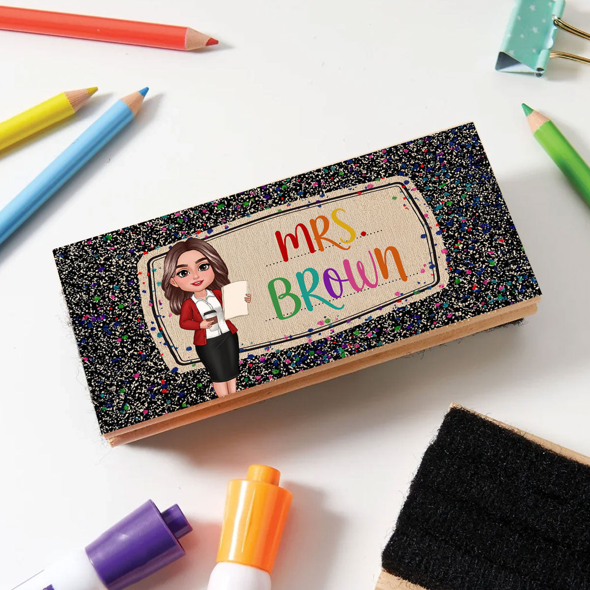 Teacher Colorful Composition Book Pattern Personalized Chalkboard, Whiteboard Eraser with Marker, Teacher Appreciation Gift, Back To School Gift