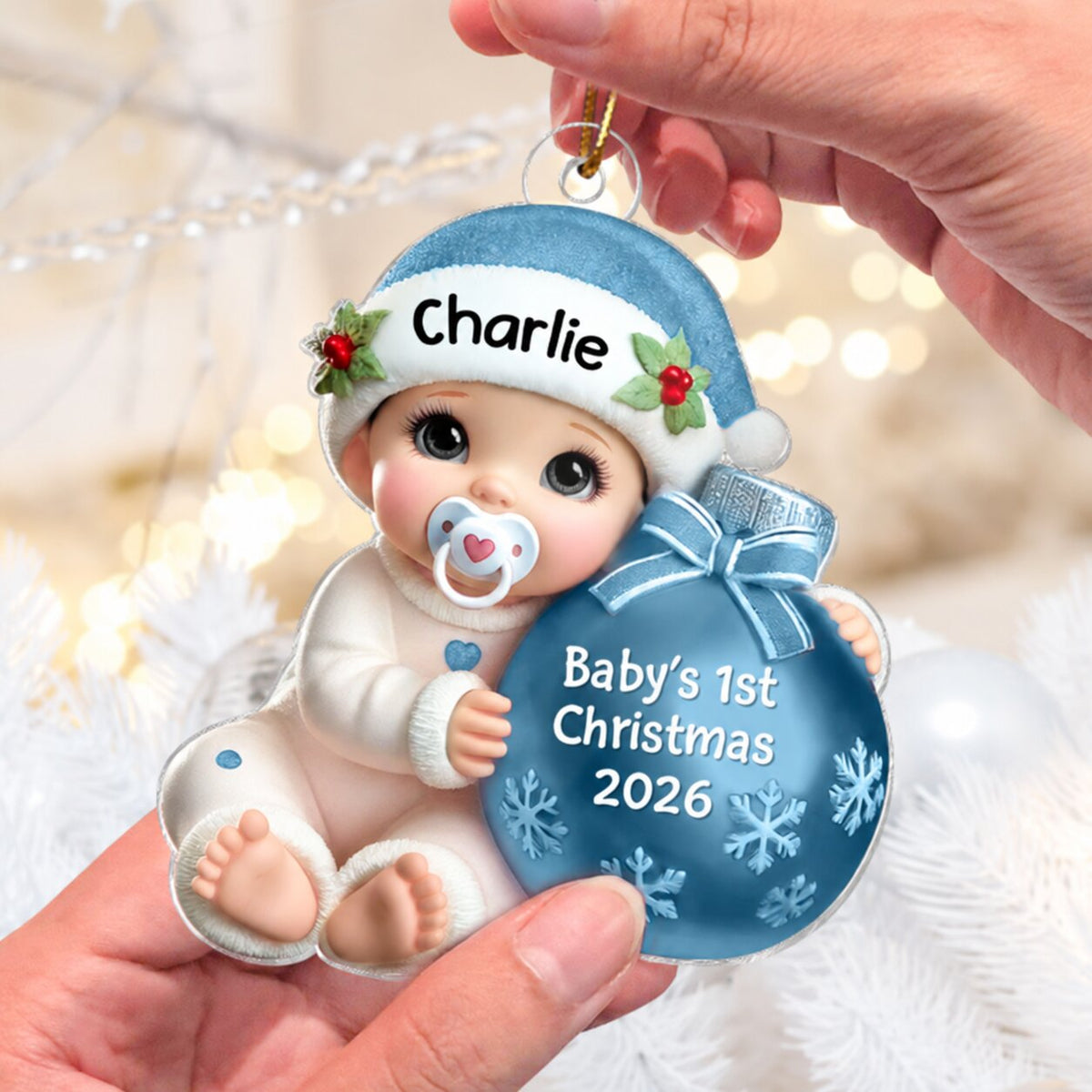 Baby Beside Christmas Bauble 3D Effect Baby's First Christmas Personalized Acrylic Flat Ornament
