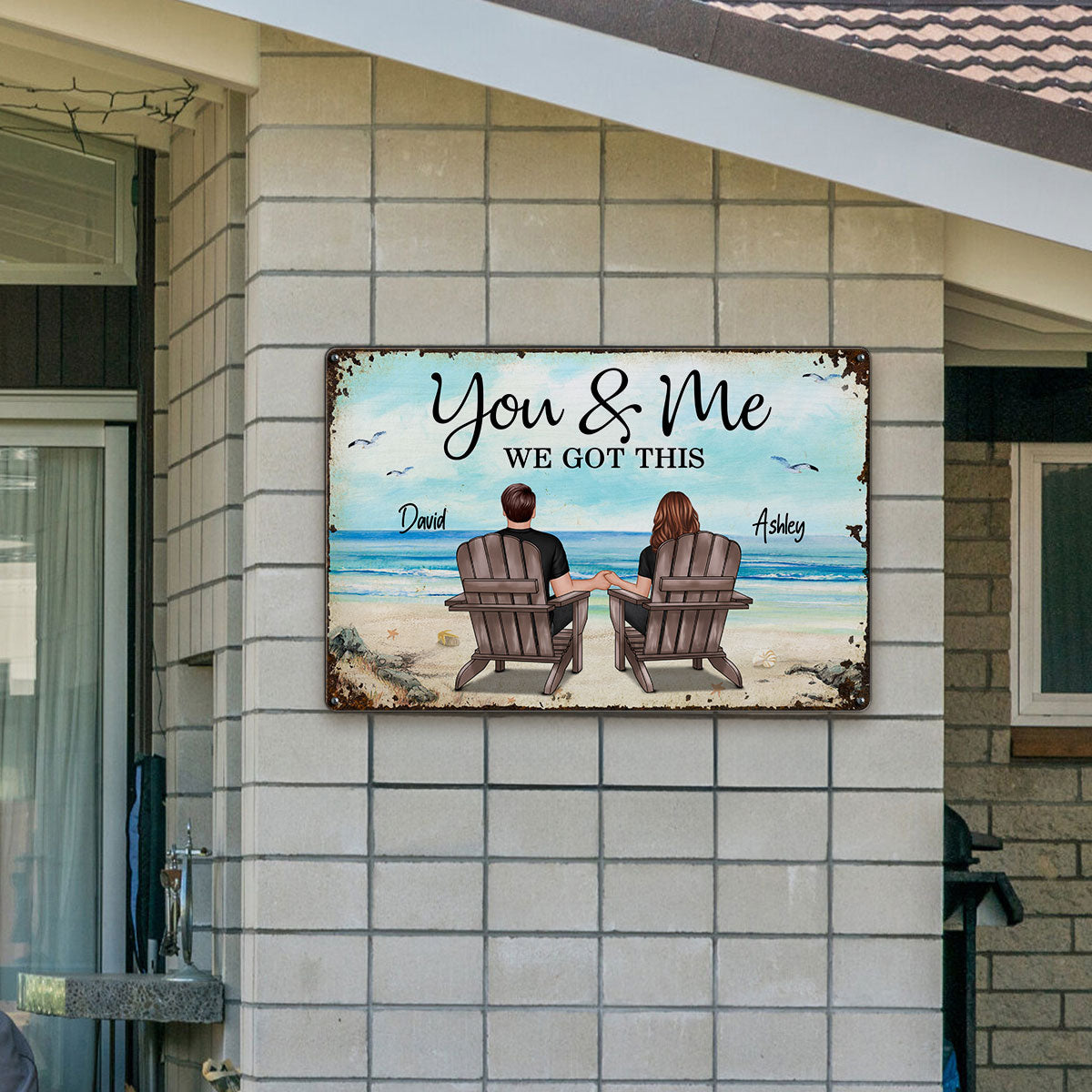 Back View Couple Sitting Beach Landscape Personalized Metal Sign