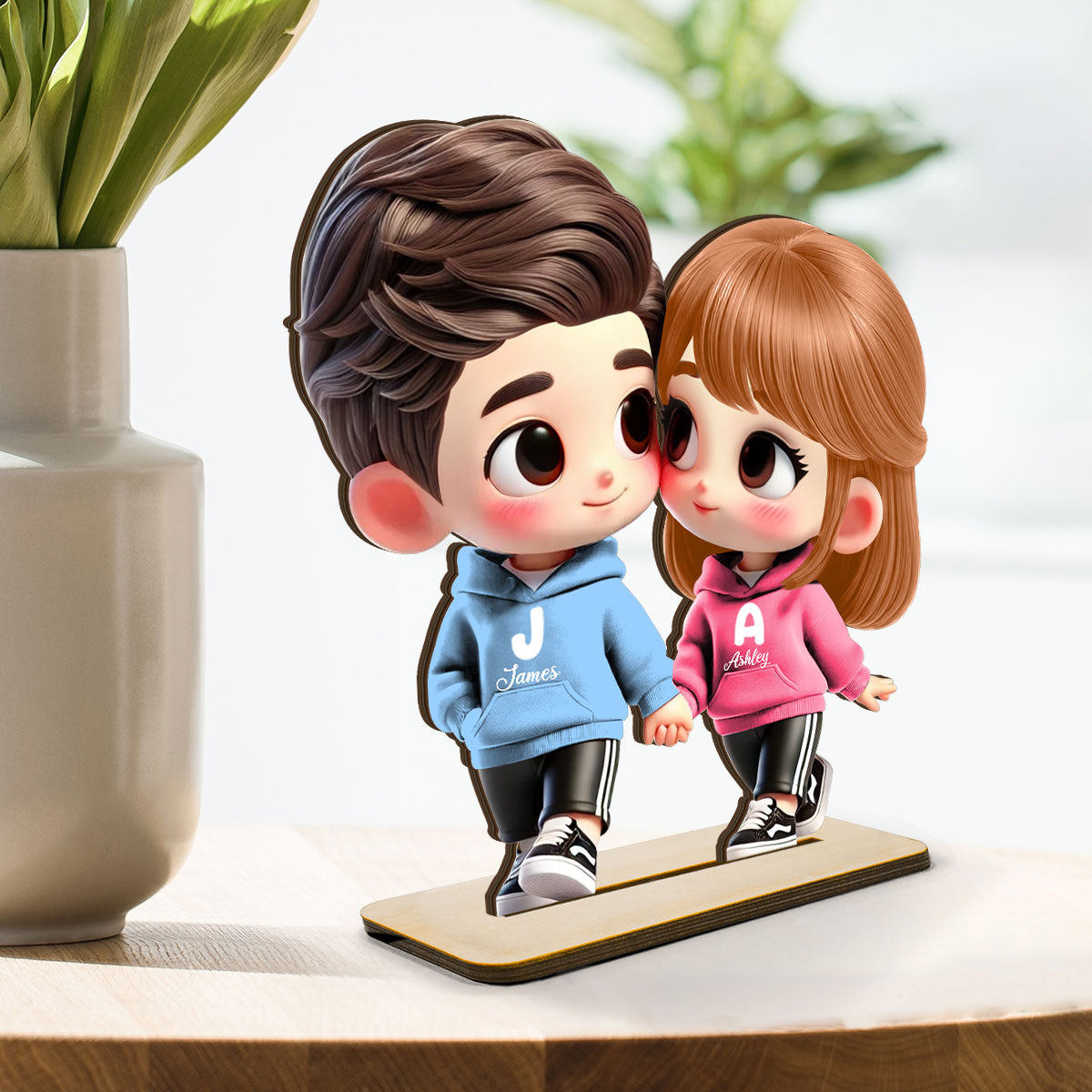 3D Effect Cute Cartoon Couple Holding Hands Personalized Standing Wooden Plaque, Anniversary &  Gift for him, Gift for her