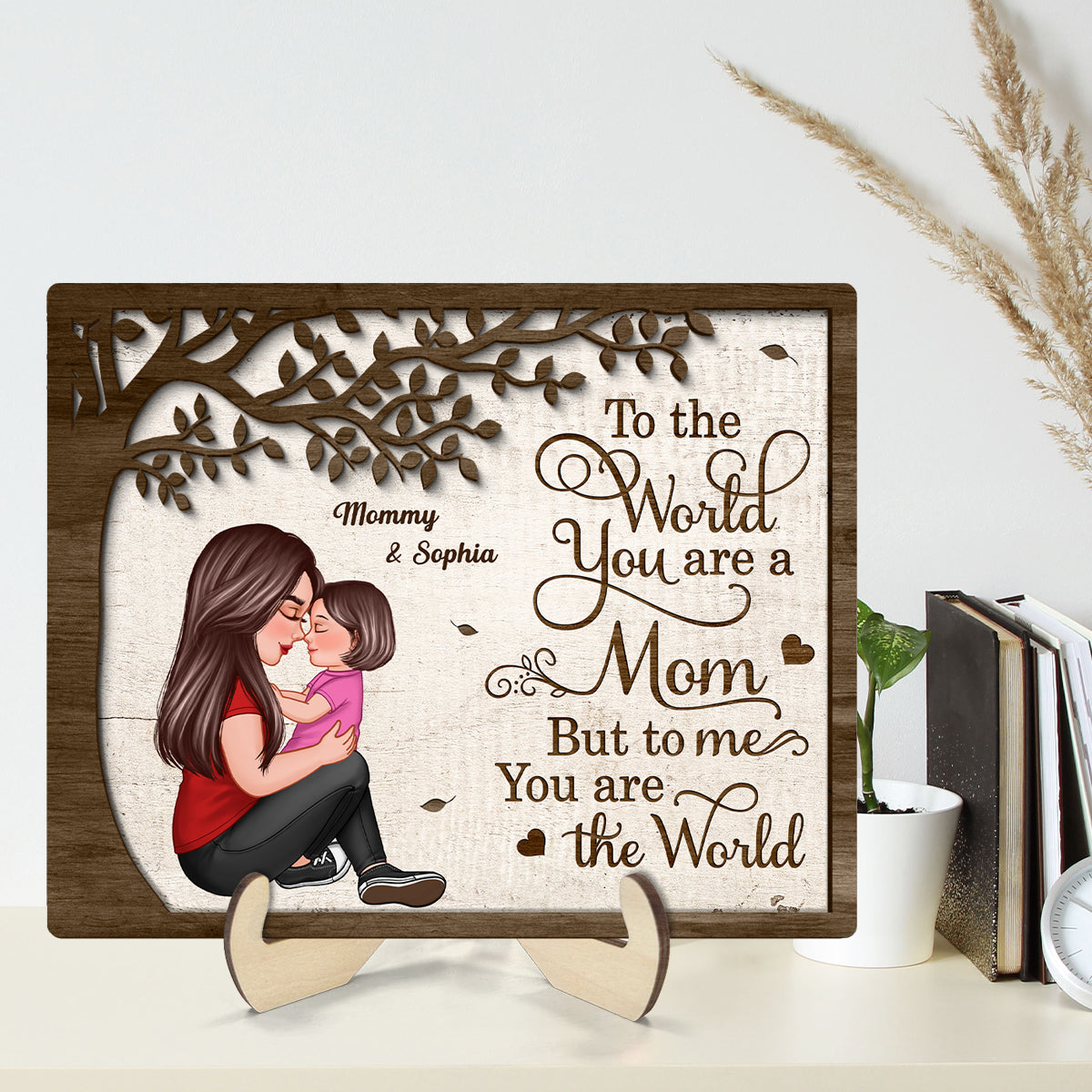 Grandma Mom Kid Sitting Under Tree Personalized 2-layer Wooden Plaque