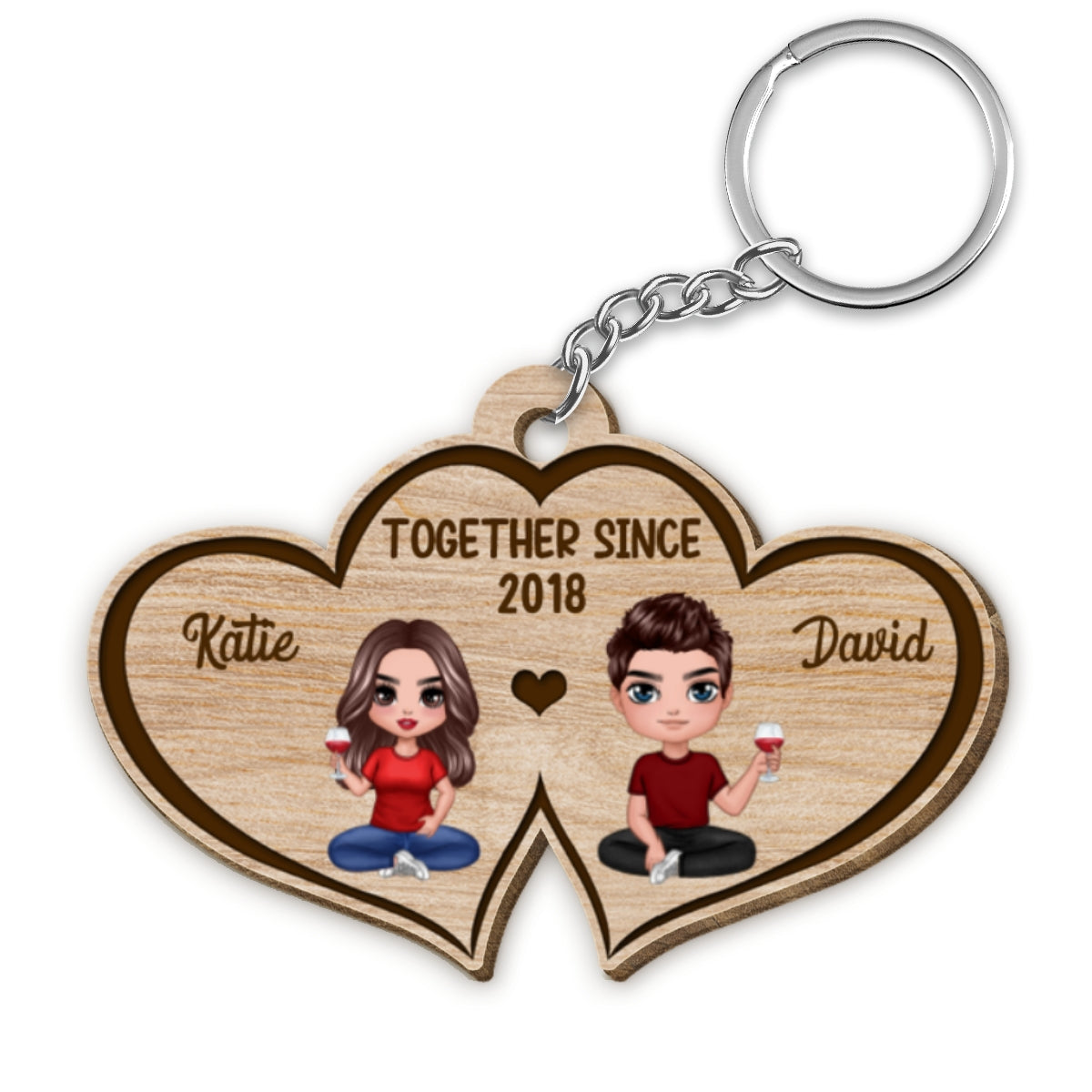 Double Heart Couple Personalized Wooden Keychain