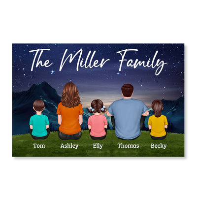 Family Couple Kids Dog Cat Sitting Under Starry Night Personalized Horizontal Poster