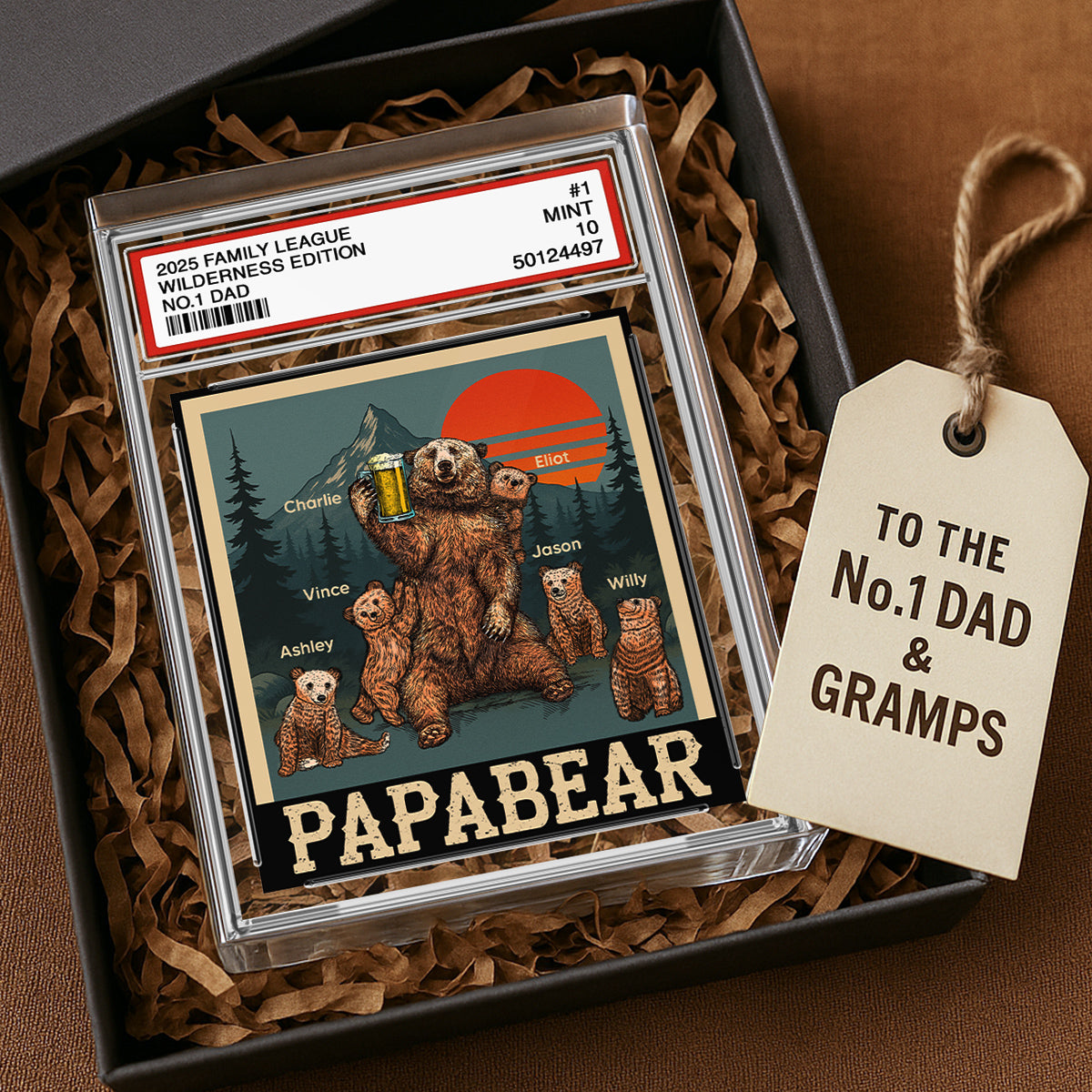 Papabear Dad & Kids Bear Retro Trading Card Style Personalized Acrylic Block Plaque